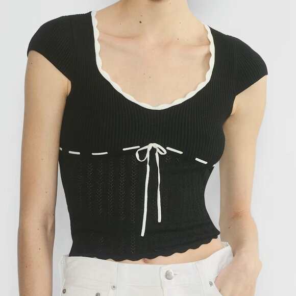 Aritzia Wilfred Soloist Shortsleeve Sweater - NWT - Black & White (S) - Picture 1 of 12